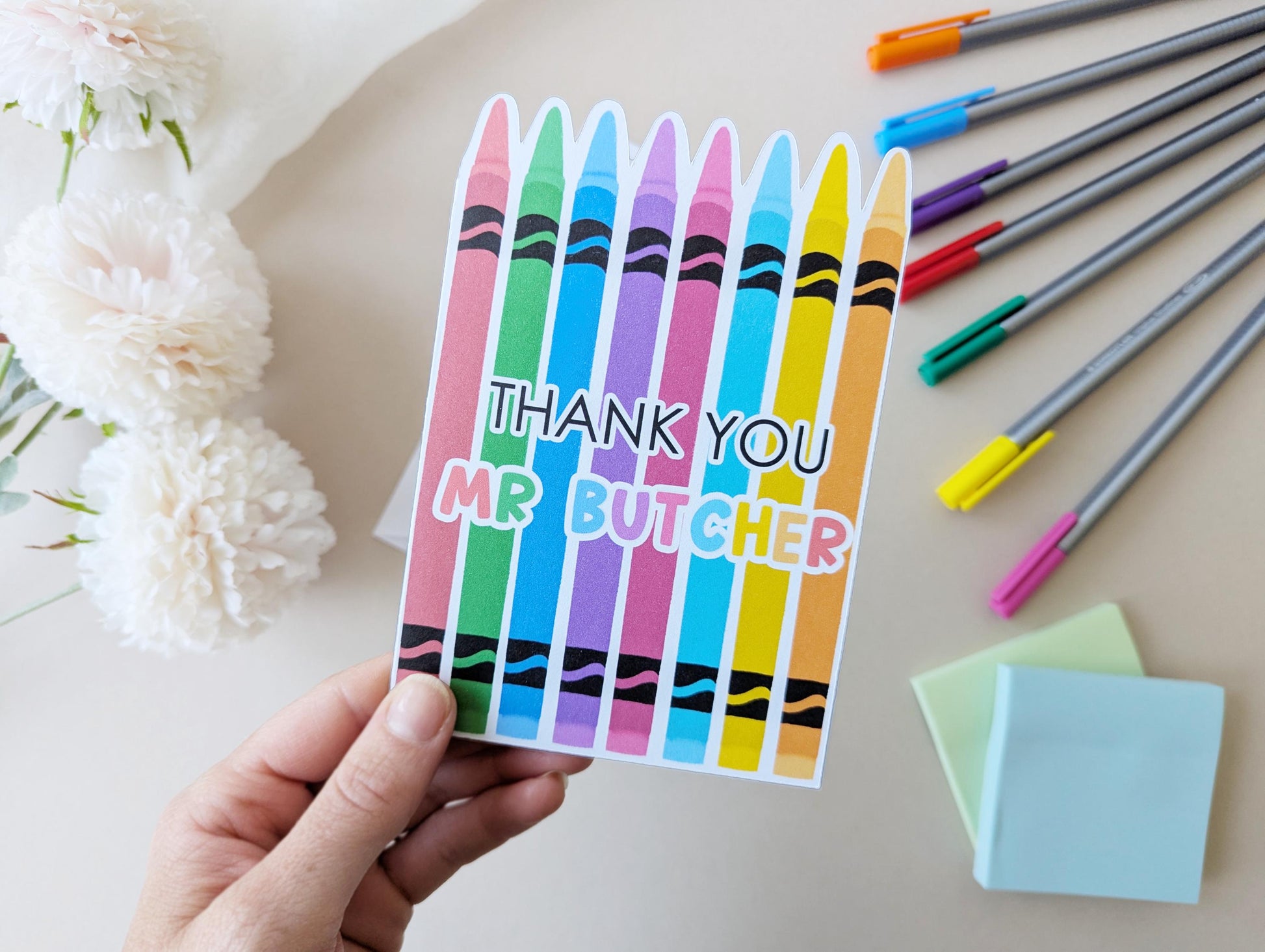 Personalised Thank You Teacher Card, Crayon Design, Nursery, Pre School, Colourful Card, A6