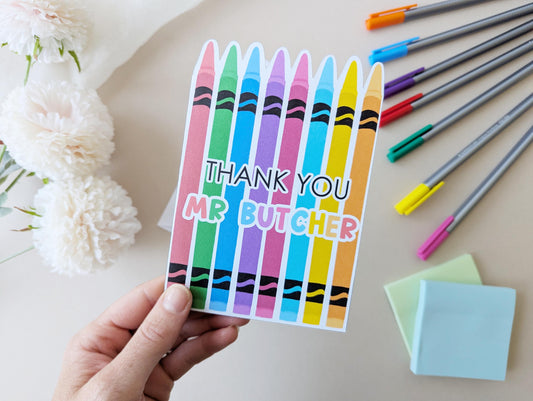 Personalised Thank You Teacher Card, Crayon Design, Nursery, Pre School, Colourful Card, A6