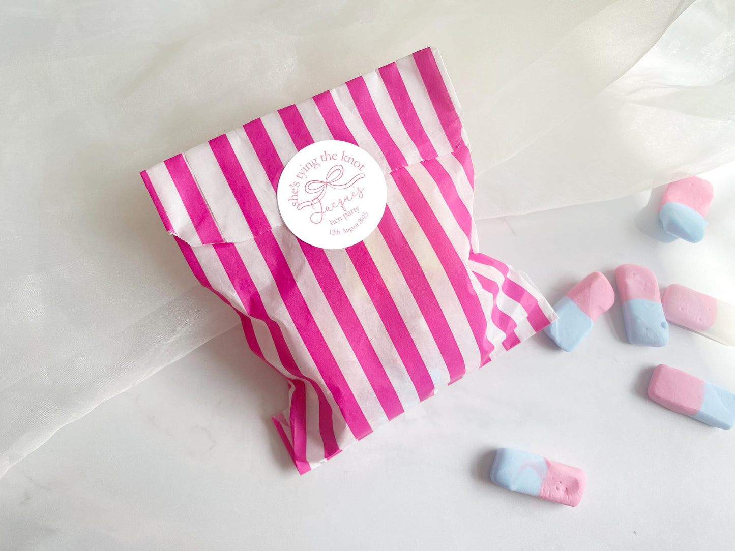 She's Tying The Knot Hen Party Stickers, Pink Ribbon, Bow Theme, Bridal Shower Favour Stickers