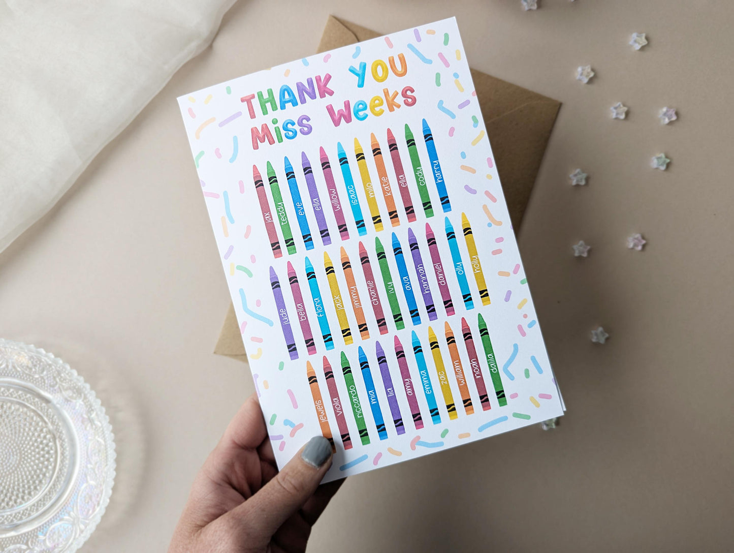 Personalised Thank You Teacher Card, Inspirational Teacher, Colourful Card, Crayon Design, Card from Class, A5