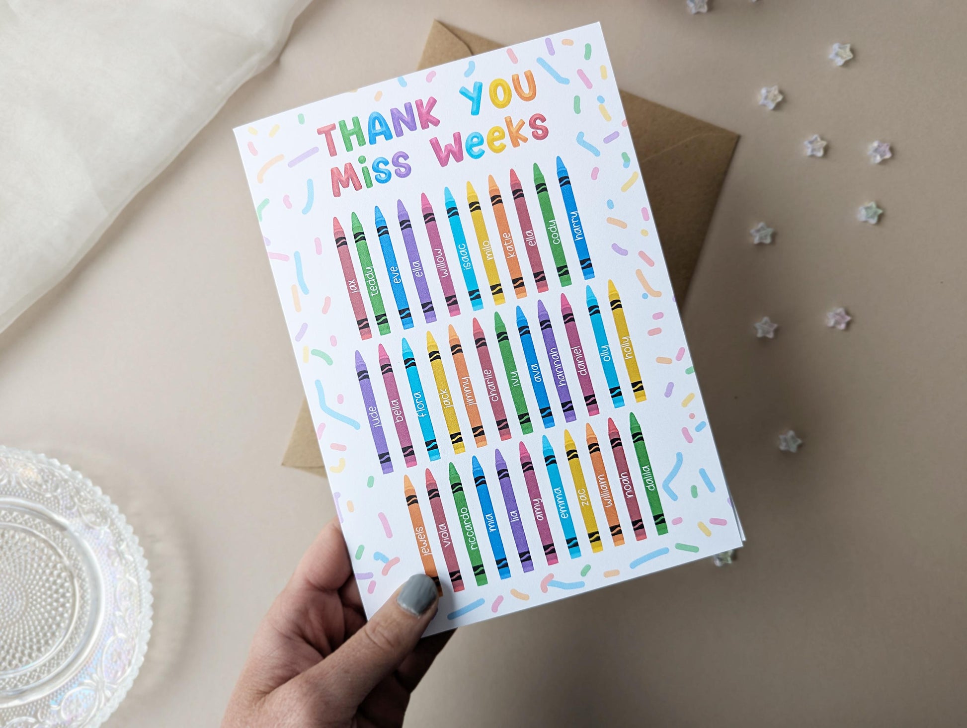 Personalised Thank You Teacher Card, Inspirational Teacher, Colourful Card, Crayon Design, Card from Class, A5