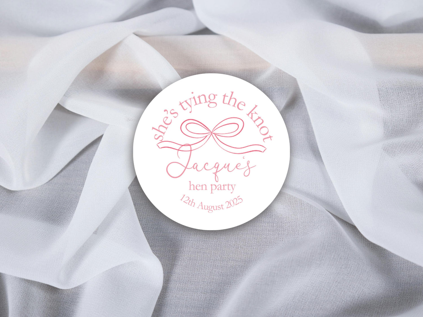 She's Tying The Knot Hen Party Stickers, Pink Ribbon, Bow Theme, Bridal Shower Favour Stickers
