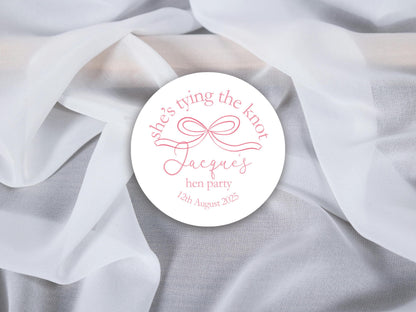 She's Tying The Knot Hen Party Stickers, Pink Ribbon, Bow Theme, Bridal Shower Favour Stickers