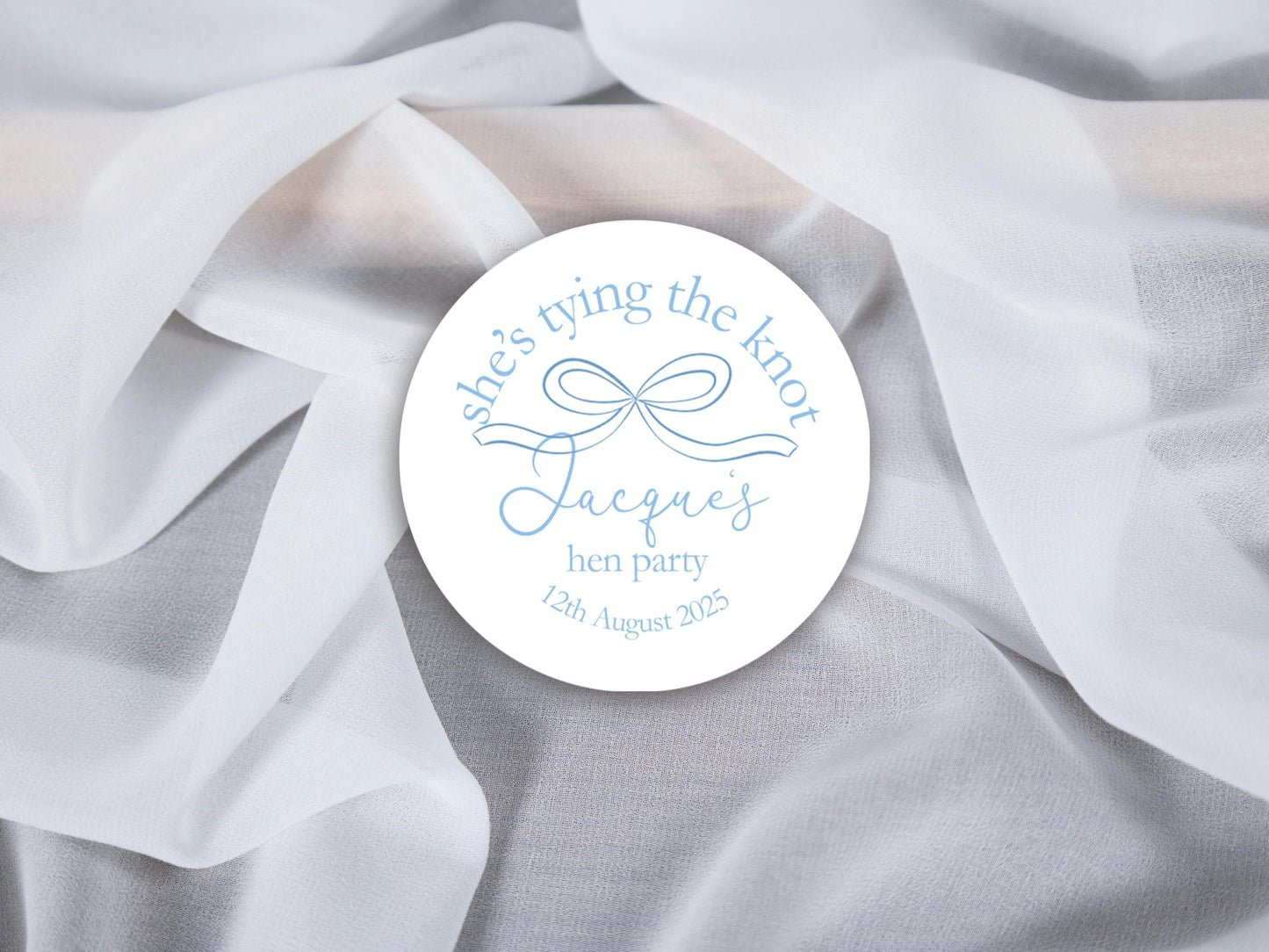 She's Tying The Knot Hen Party Stickers, Blue Ribbon, Bow Theme, Bridal Shower Favour Stickers