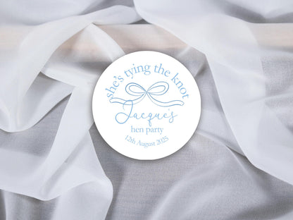 She's Tying The Knot Hen Party Stickers, Blue Ribbon, Bow Theme, Bridal Shower Favour Stickers