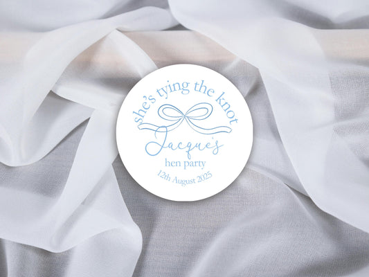 She's Tying The Knot Hen Party Stickers, Blue Ribbon, Bow Theme, Bridal Shower Favour Stickers