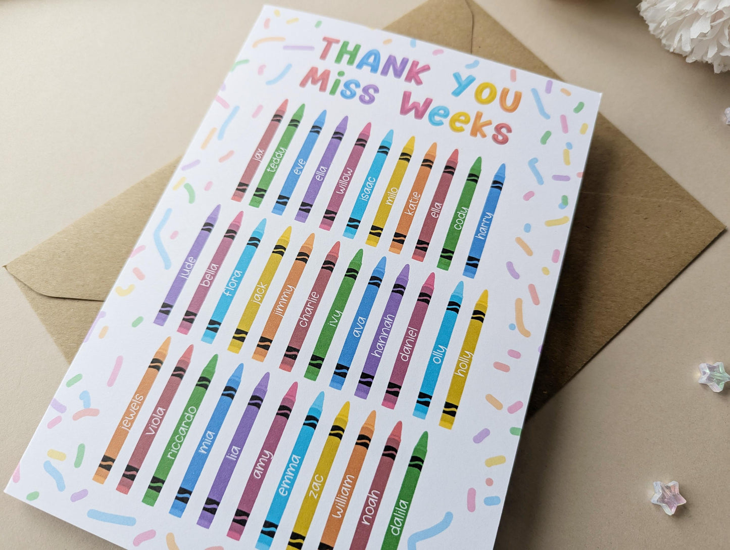 Personalised Thank You Teacher Card, Inspirational Teacher, Colourful Card, Crayon Design, Card from Class, A5