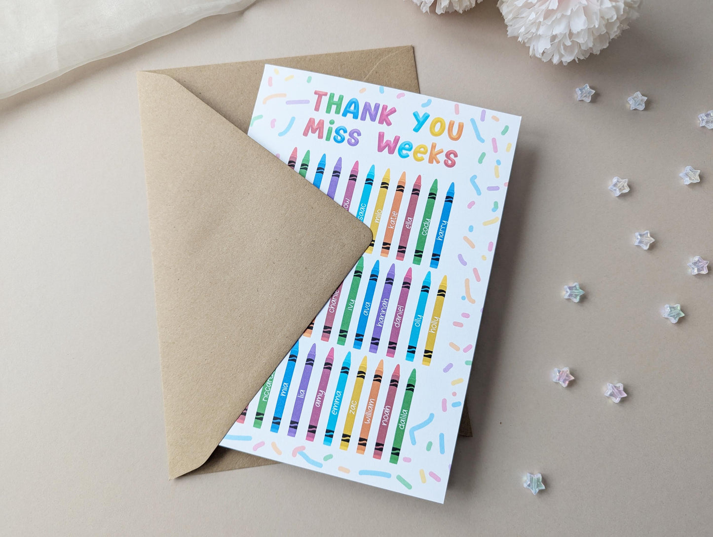 Personalised Thank You Teacher Card, Inspirational Teacher, Colourful Card, Crayon Design, Card from Class, A5