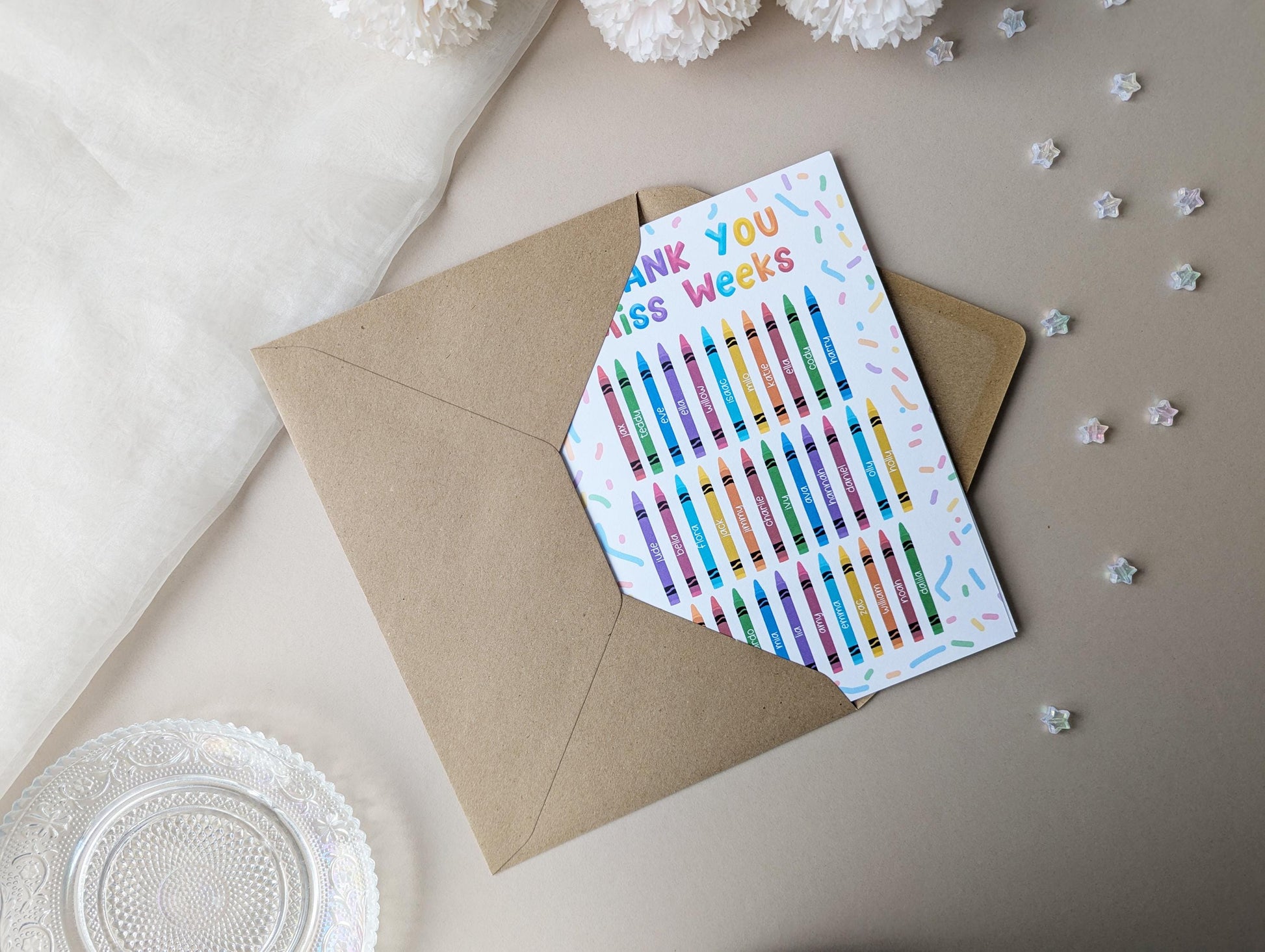 Personalised Thank You Teacher Card, Inspirational Teacher, Colourful Card, Crayon Design, Card from Class, A5