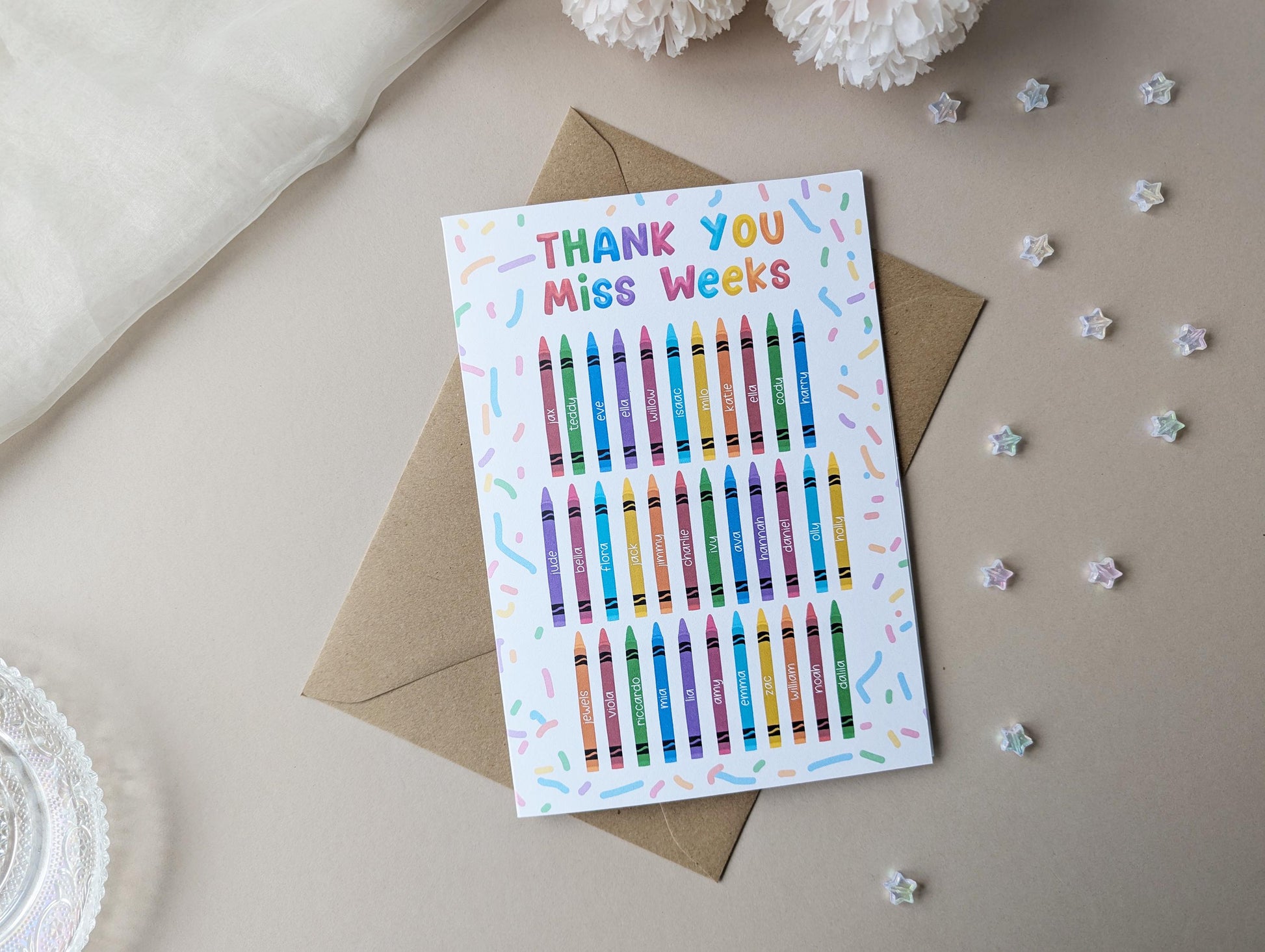 Personalised Thank You Teacher Card, Inspirational Teacher, Colourful Card, Crayon Design, Card from Class, A5
