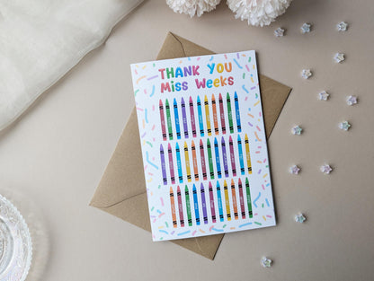 Personalised Thank You Teacher Card, Inspirational Teacher, Colourful Card, Crayon Design, Card from Class, A5