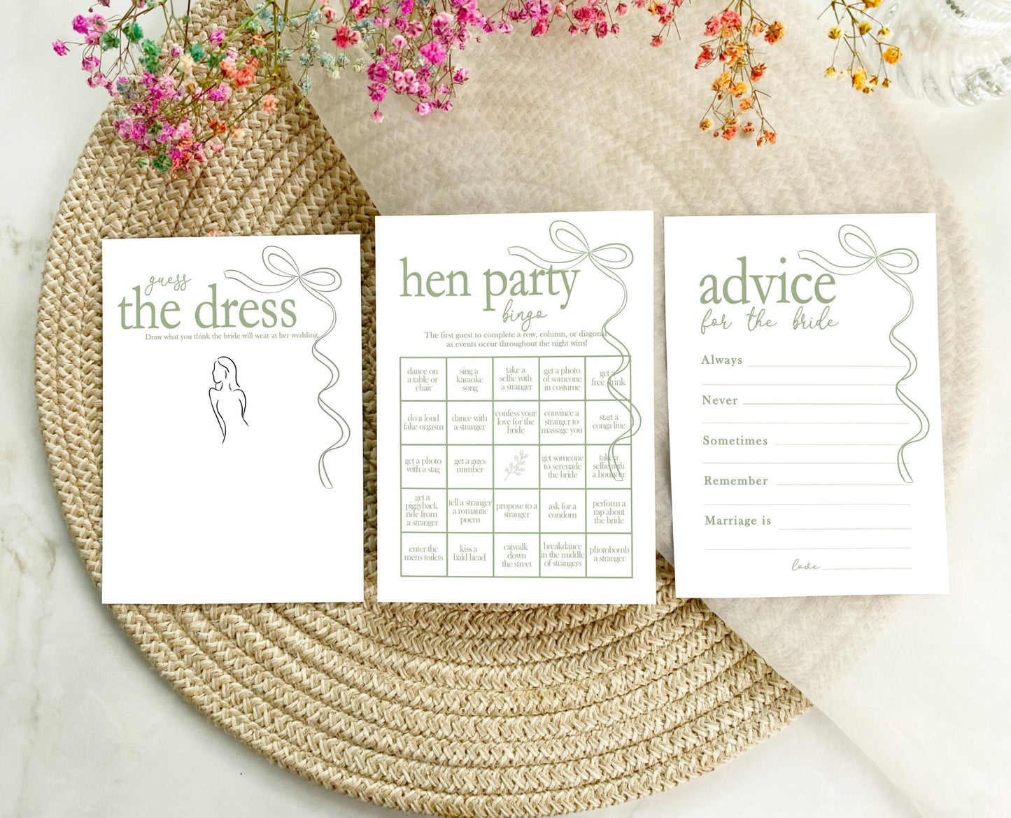 Hen do Party Games Bundle, Sage Green, Tie the Knot, Bridal Bingo, Advice, Guess the Dress, Would She Rather