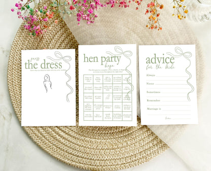 Hen do Party Games Bundle, Sage Green, Tie the Knot, Bridal Bingo, Advice, Guess the Dress, Would She Rather