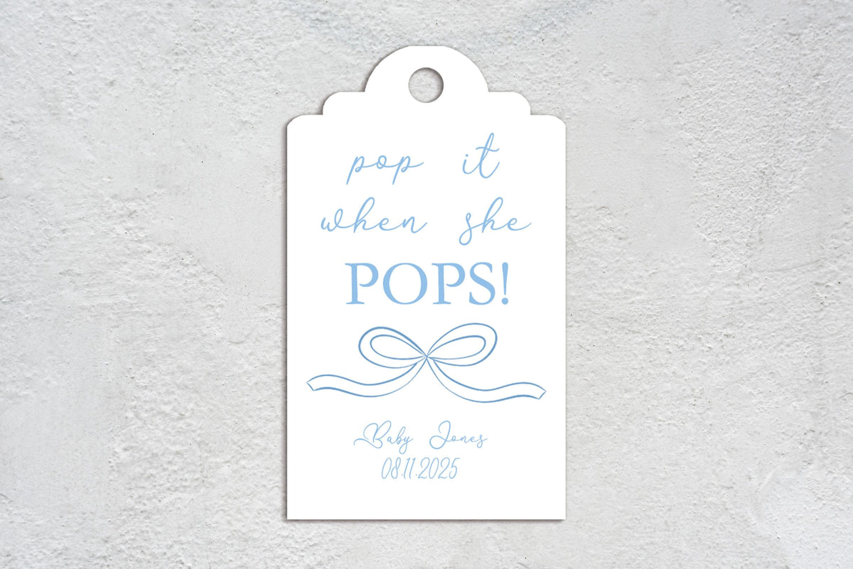 Baby Shower Bow Favour Tags, Baby Boy, Mum to Be, Ribbon, Pop it when she pops