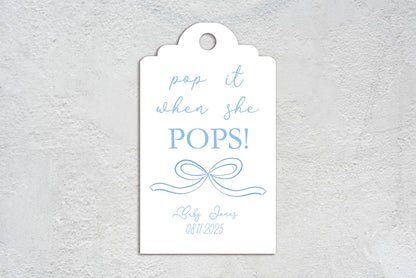 Baby Shower Bow Favour Tags, Baby Boy, Mum to Be, Ribbon, Pop it when she pops
