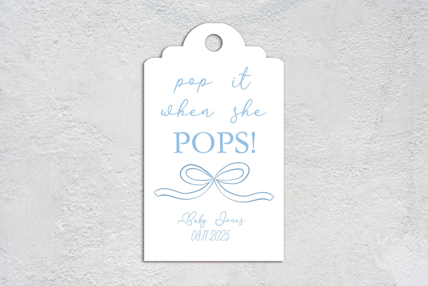 Baby Shower Bow Favour Tags, Baby Boy, Mum to Be, Ribbon, Pop it when she pops