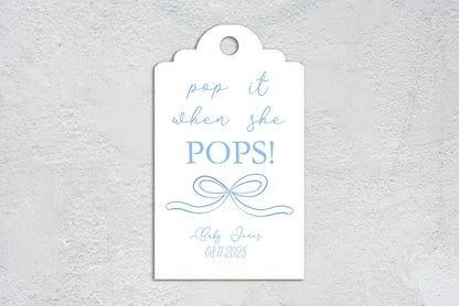 Baby Shower Bow Favour Tags, Baby Boy, Mum to Be, Ribbon, Pop it when she pops