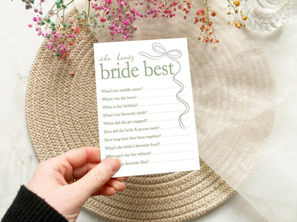 Hen do Party Games Bundle, Sage Green, Tie the Knot, Bridal Bingo, Advice, Guess the Dress, Would She Rather