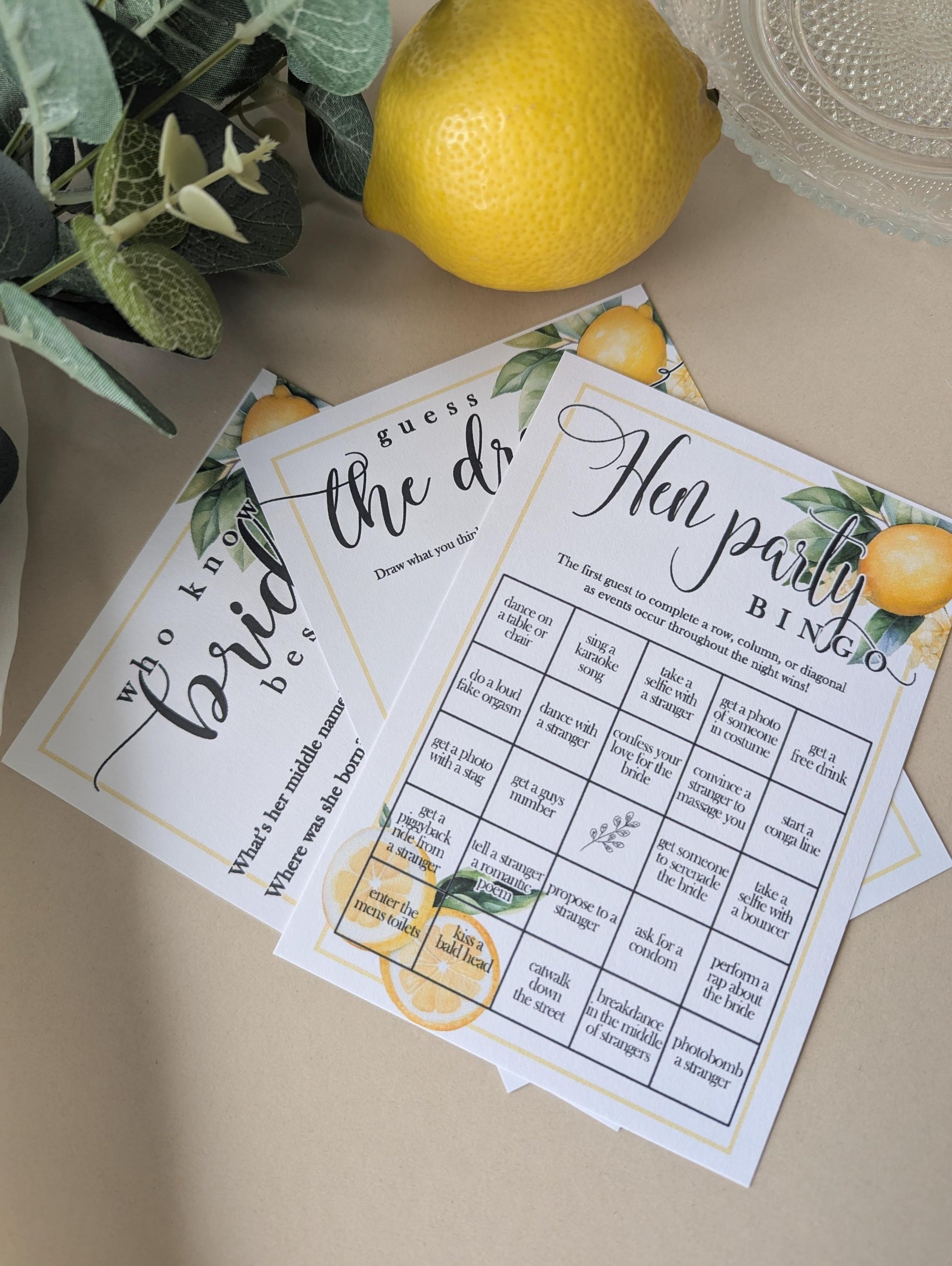 Hen Party Bingo, Hen do Games, Lemon Theme, She found her main squeeze, Bride to be, Bridal Bingo