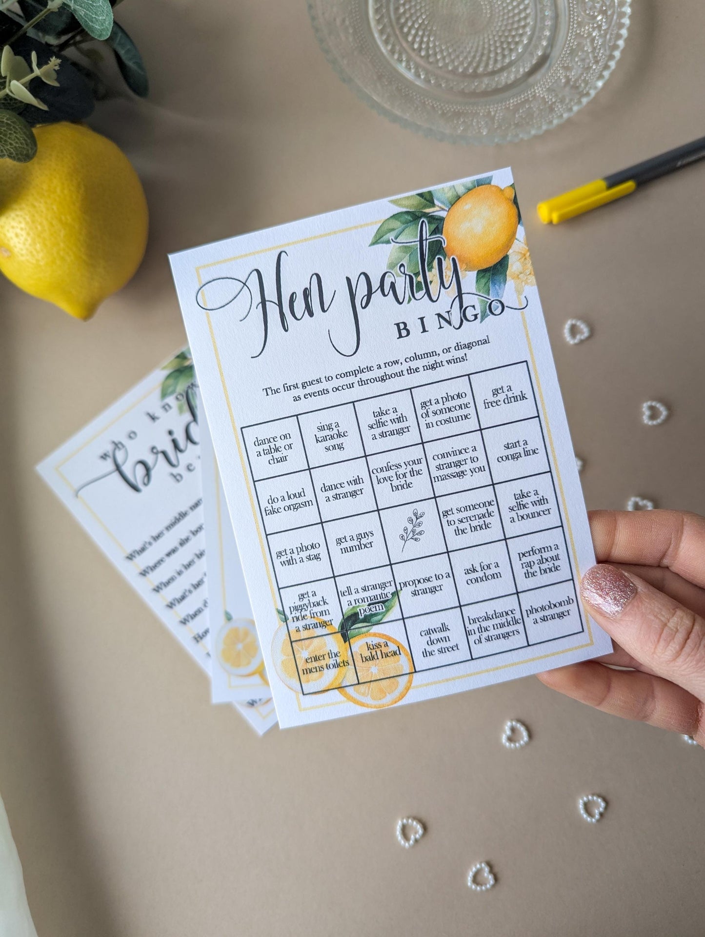 Hen Party Bingo, Hen do Games, Lemon Theme, She found her main squeeze, Bride to be, Bridal Bingo