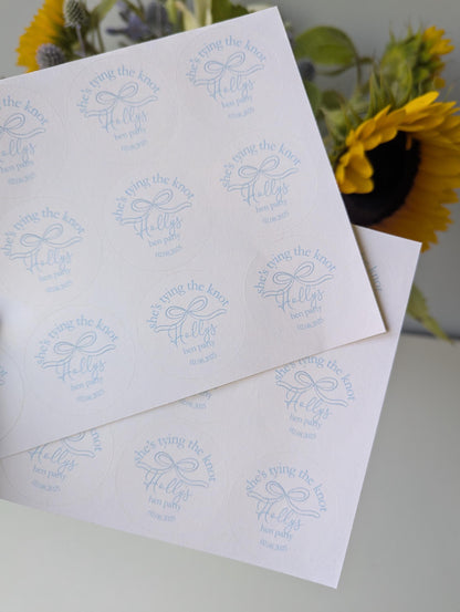 She's Tying The Knot Hen Party Stickers, Blue Ribbon, Bow Theme, Bridal Shower Favour Stickers