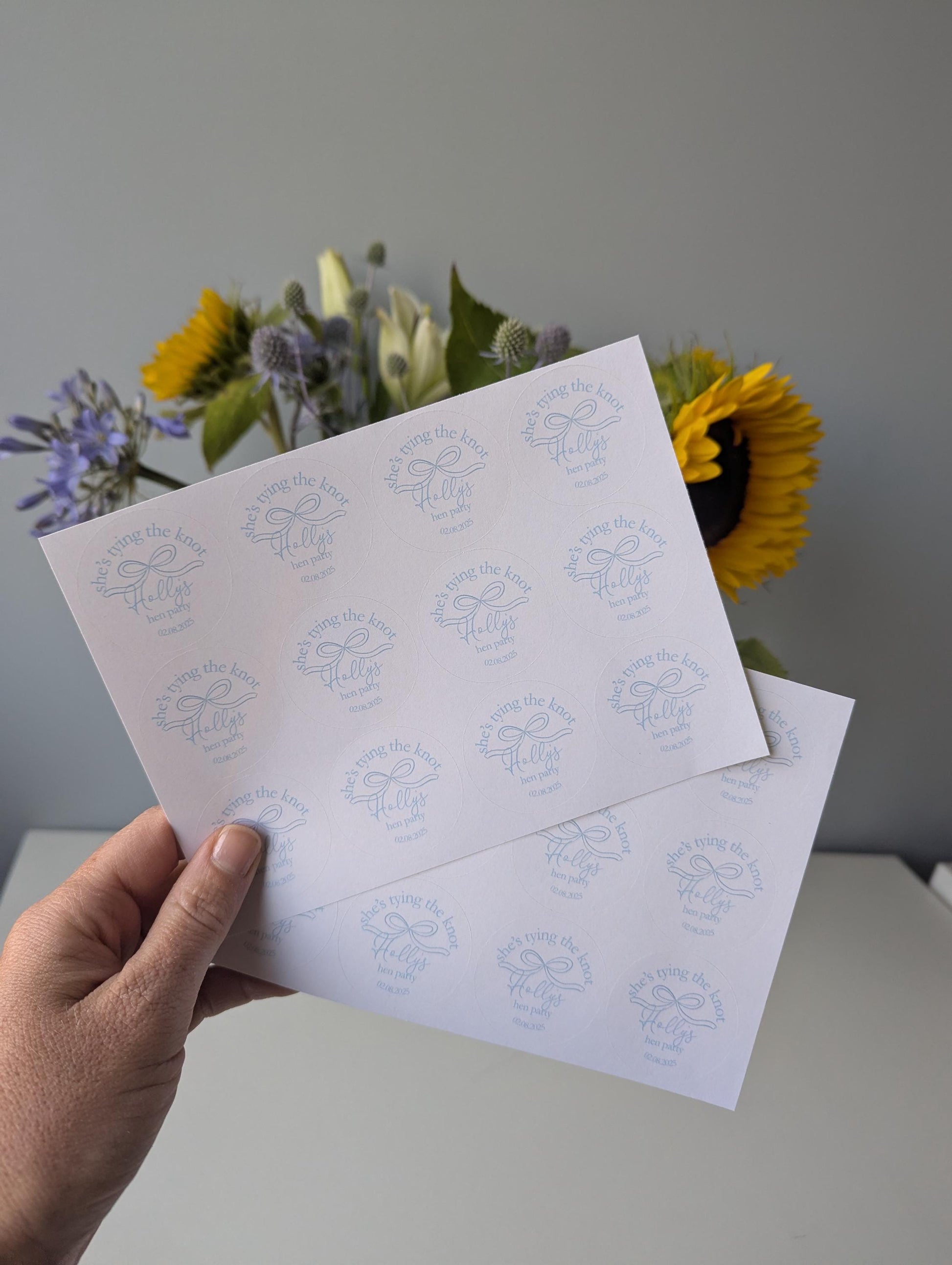 She's Tying The Knot Hen Party Stickers, Blue Ribbon, Bow Theme, Bridal Shower Favour Stickers