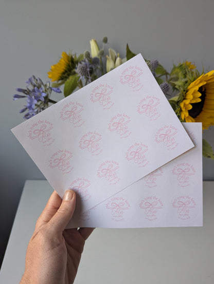 She's Tying The Knot Hen Party Stickers, Pink Ribbon, Bow Theme, Bridal Shower Favour Stickers