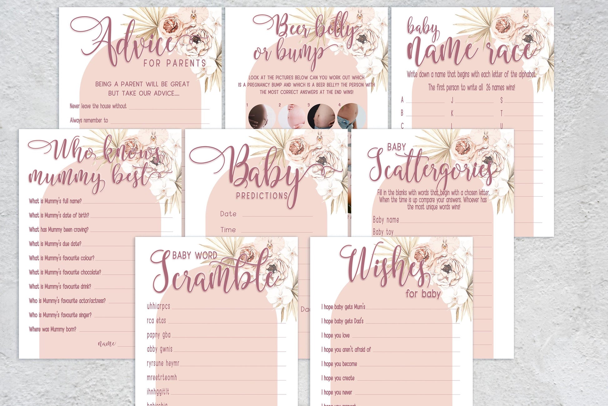 Pink Arch Baby Shower Games: Prediction and Advice Cards Game, Girl Baby Shower, Mum To Be, Gender Reveal Party