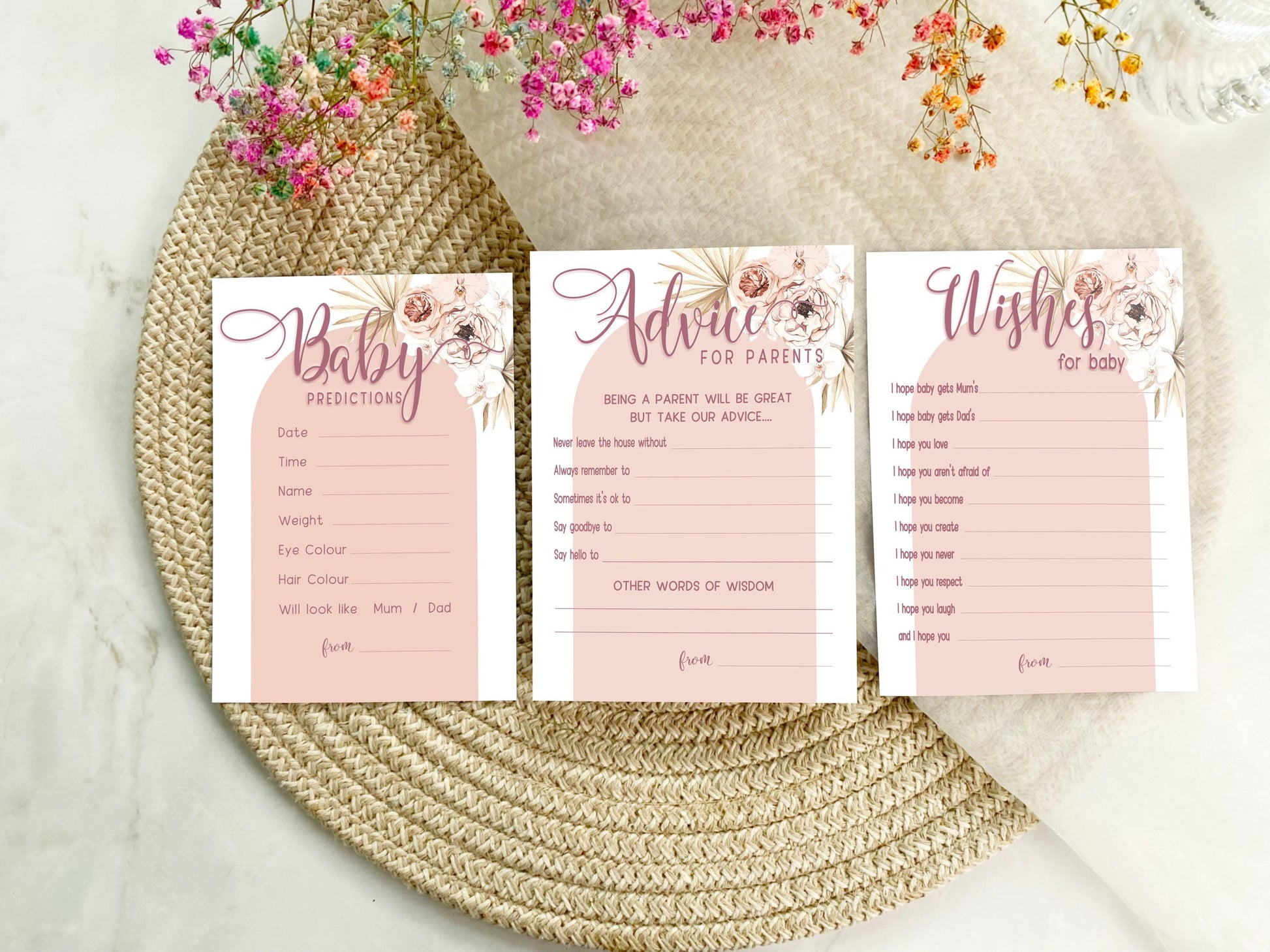 Pink Arch Baby Shower Games: Prediction and Advice Cards Game, Girl Baby Shower, Mum To Be, Gender Reveal Party