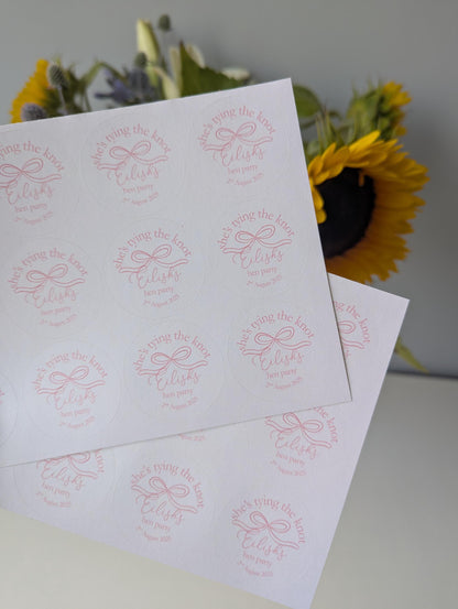 She's Tying The Knot Hen Party Stickers, Pink Ribbon, Bow Theme, Bridal Shower Favour Stickers