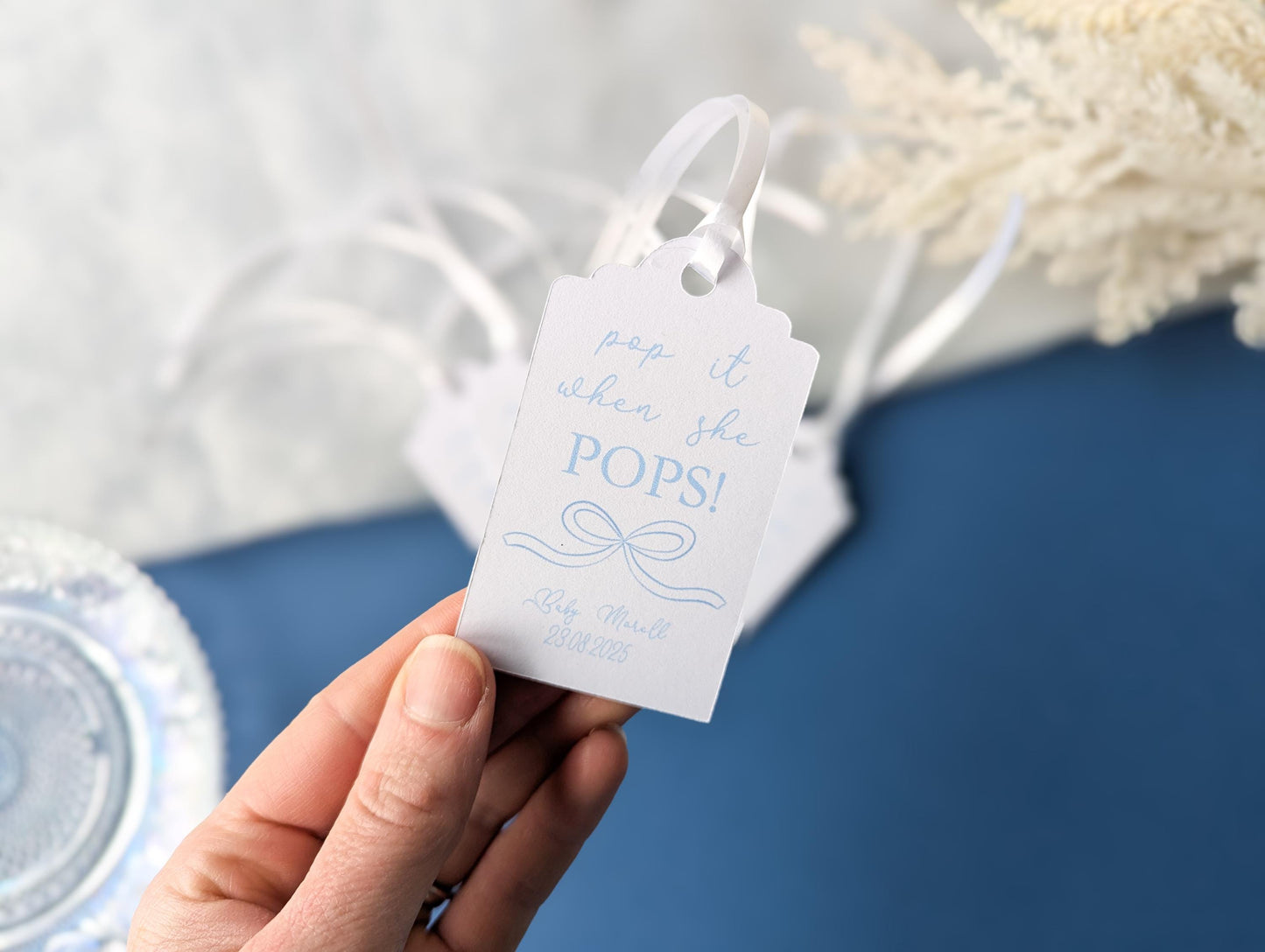 Baby Shower Bow Favour Tags, Baby Boy, Mum to Be, Ribbon, Pop it when she pops