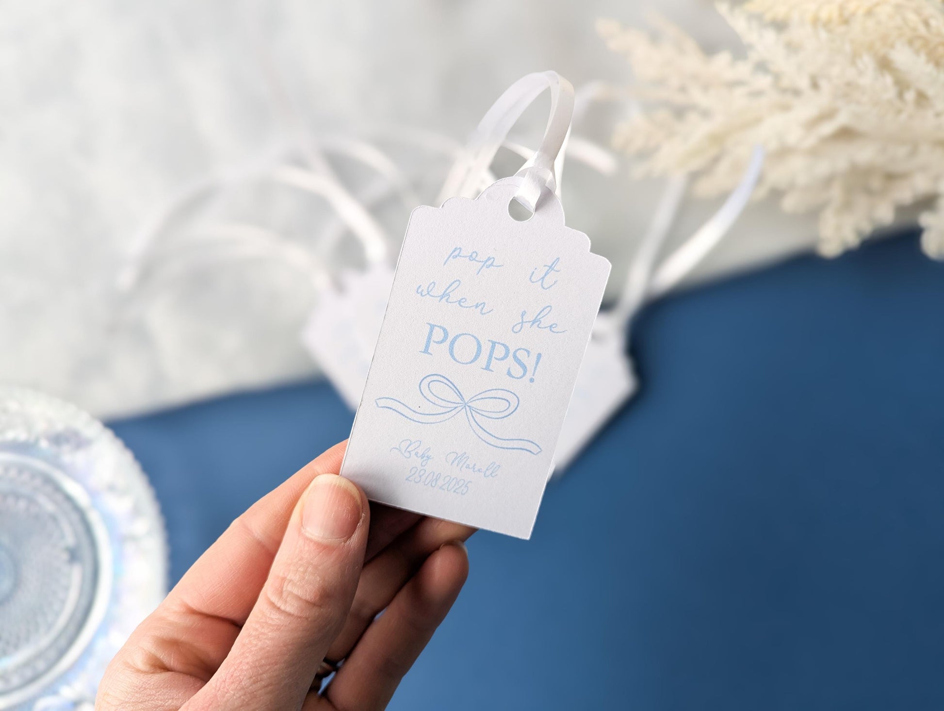 Baby Shower Bow Favour Tags, Baby Boy, Mum to Be, Ribbon, Pop it when she pops