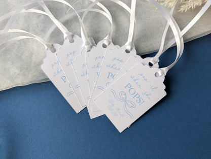Baby Shower Bow Favour Tags, Baby Boy, Mum to Be, Ribbon, Pop it when she pops
