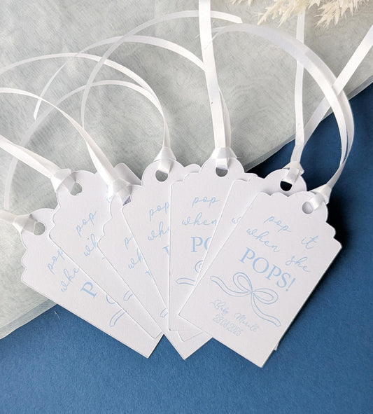 Baby Shower Bow Favour Tags, Baby Boy, Mum to Be, Ribbon, Pop it when she pops