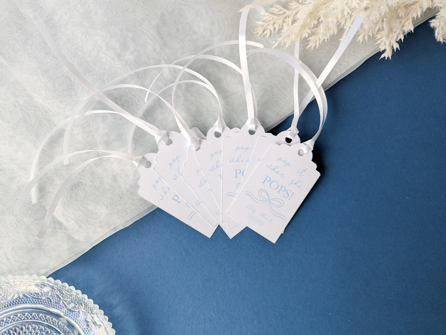 Baby Shower Bow Favour Tags, Baby Boy, Mum to Be, Ribbon, Pop it when she pops