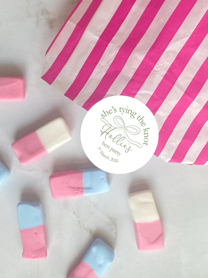 She's Tying The Knot Hen Party Stickers, Blue Ribbon, Bow Theme, Bridal Shower Favour Stickers