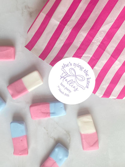 She's Tying The Knot Hen Party Stickers, Blue Ribbon, Bow Theme, Bridal Shower Favour Stickers