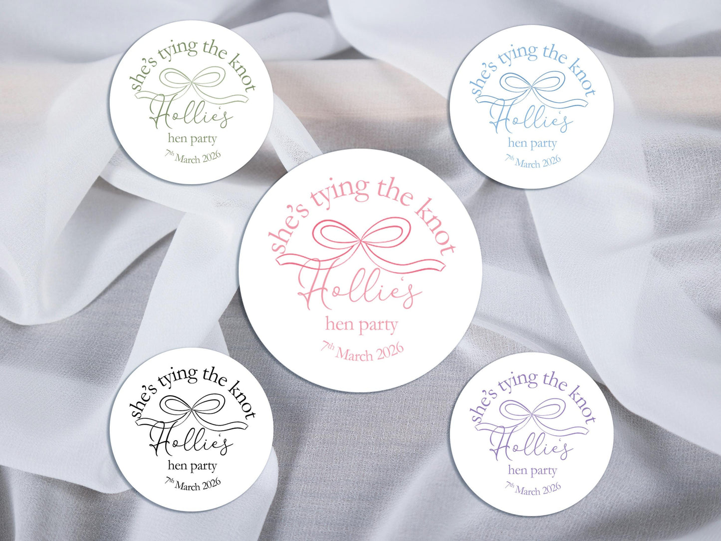 She's Tying The Knot Hen Party Stickers, Pink Ribbon, Bow Theme, Bridal Shower Favour Stickers