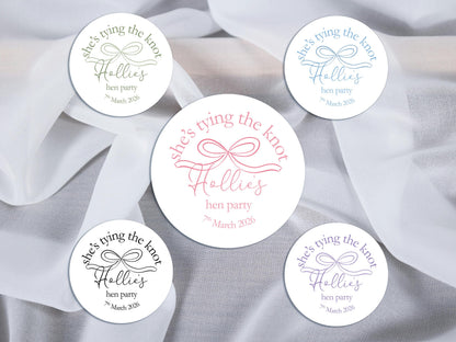 She's Tying The Knot Hen Party Stickers, Pink Ribbon, Bow Theme, Bridal Shower Favour Stickers