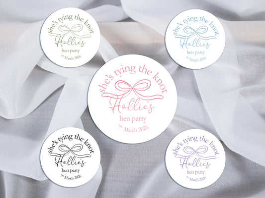 She's Tying The Knot Hen Party Stickers, Pink Ribbon, Bow Theme, Bridal Shower Favour Stickers