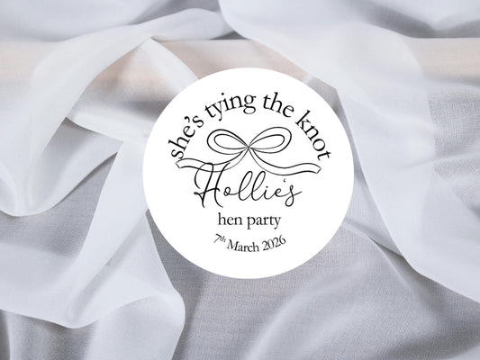 She's Tying The Knot Hen Party Stickers: Black Ribbon, Bow Theme, Bridal Shower Favour Stickers