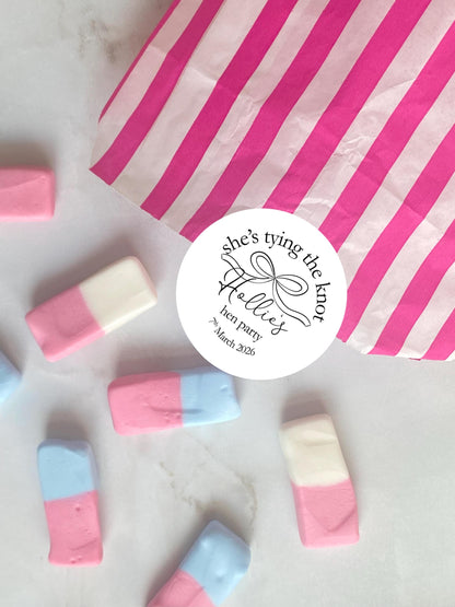 She's Tying The Knot Hen Party Stickers, Pink Ribbon, Bow Theme, Bridal Shower Favour Stickers