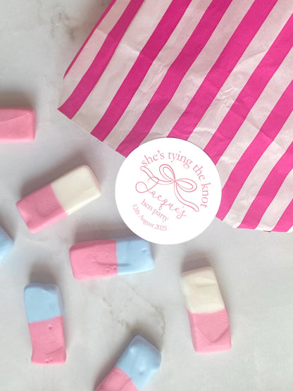 She's Tying The Knot Hen Party Stickers, Blue Ribbon, Bow Theme, Bridal Shower Favour Stickers