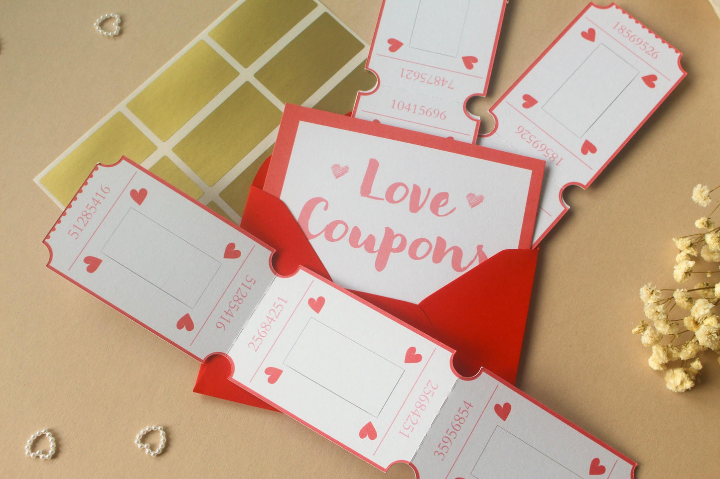 Loves Coupons for Valentine's Day, Blank Vouchers, Scratch-off, Arcade Style Tickets