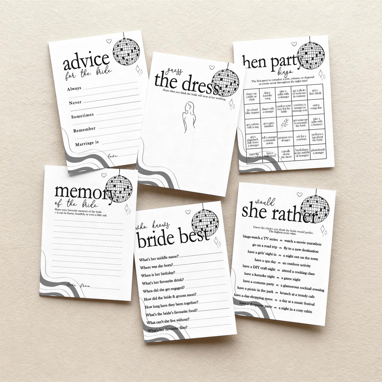 Hen Do Party Games Bundle, Last Dance, Bridal Bingo, Advice, Guess the Dress, Would She Rather
