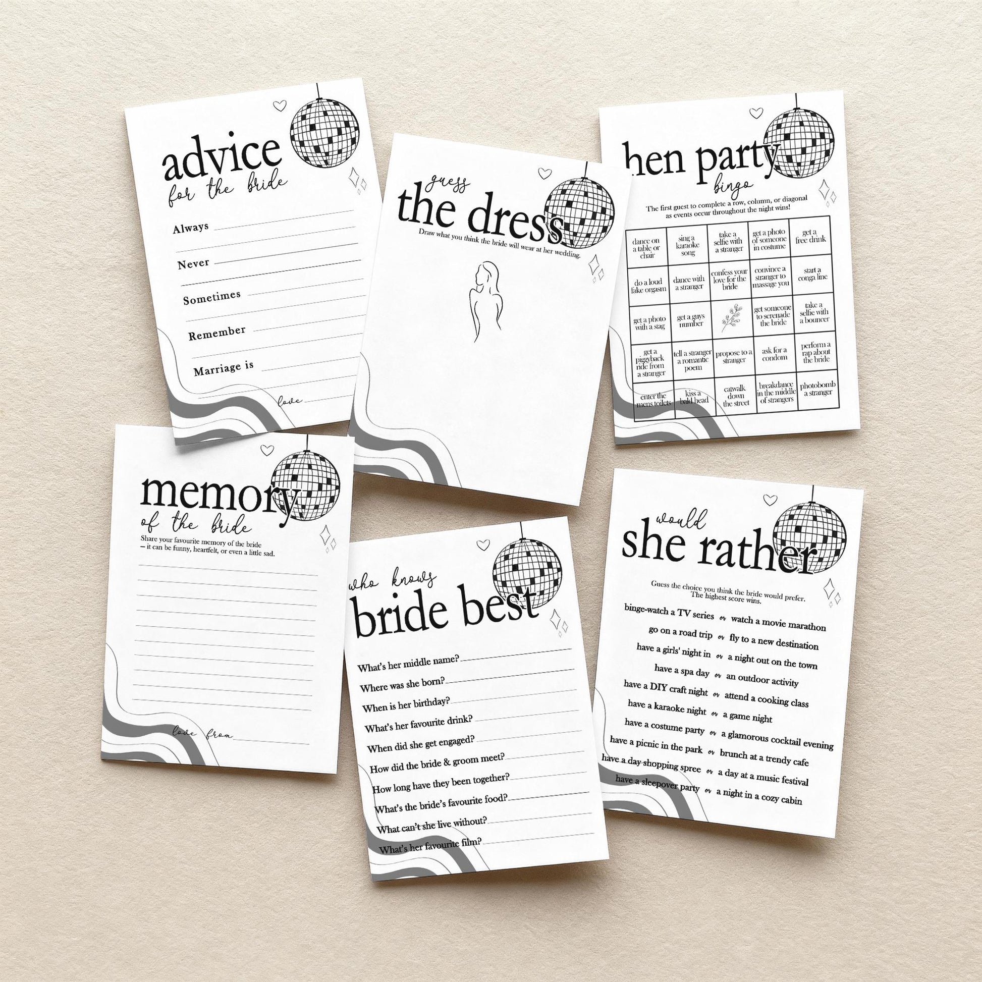 Hen Do Party Games Bundle, Last Dance, Bridal Bingo, Advice, Guess the Dress, Would She Rather