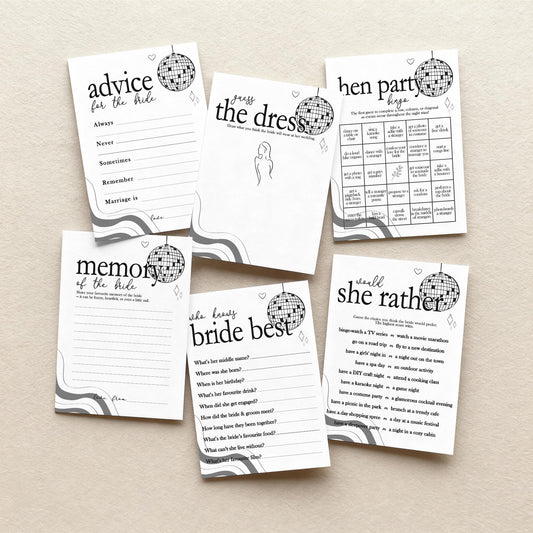 Hen Do Party Games Bundle, Last Dance, Bridal Bingo, Advice, Guess the Dress, Would She Rather