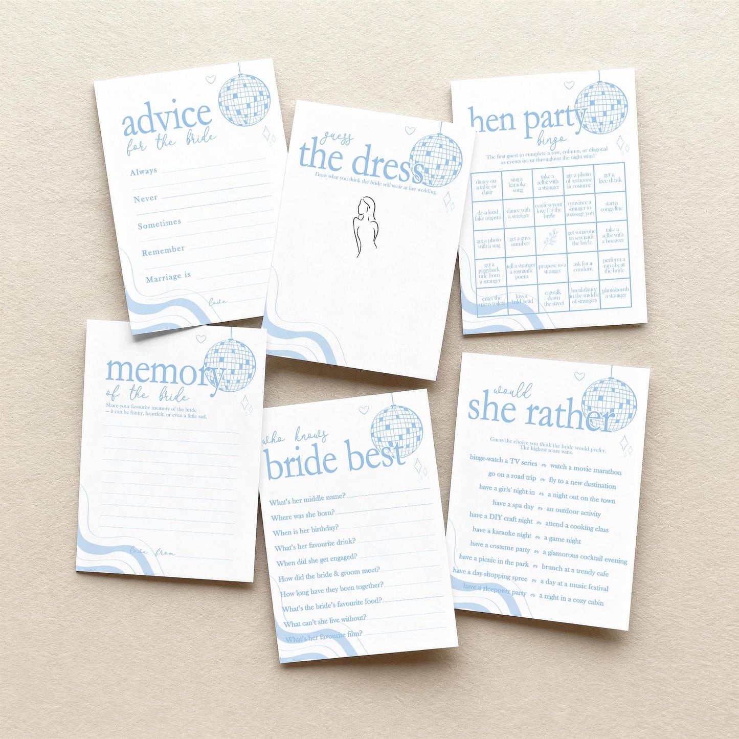 Hen Do Party Games Bundle, Last Dance, Mamma Mia, Bridal Bingo, Advice, Guess the Dress, Would She Rather
