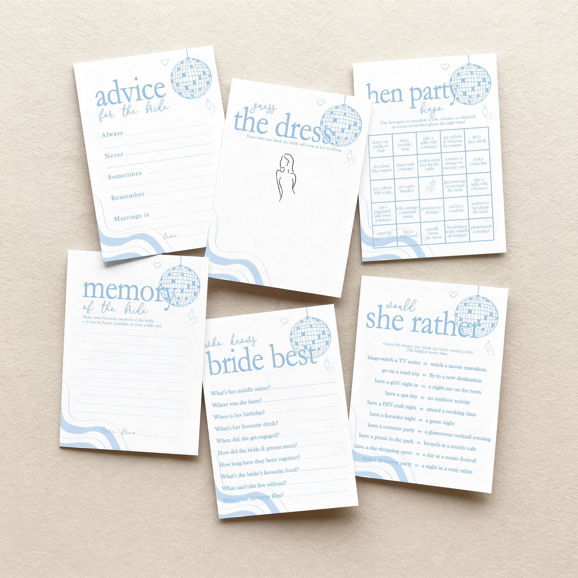 Hen Do Party Games Bundle, Last Dance, Mamma Mia, Bridal Bingo, Advice, Guess the Dress, Would She Rather