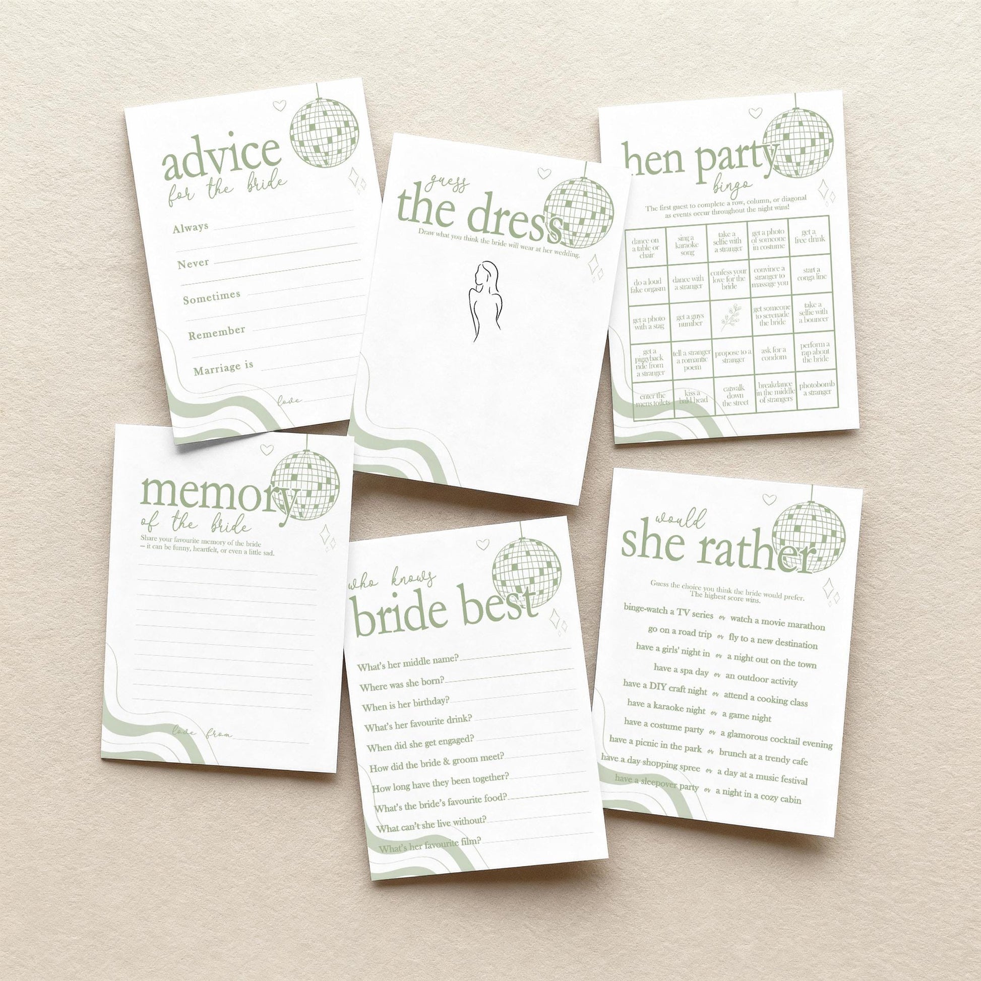 Hen Do Party Games Bundle, Last Dance, Bridal Bingo, Advice, Guess the Dress, Would She Rather